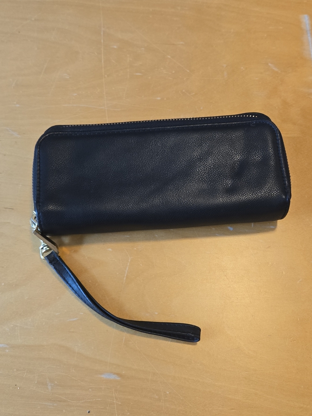 Black Leather Zip-Around Wristlet Wallet - Unbranded